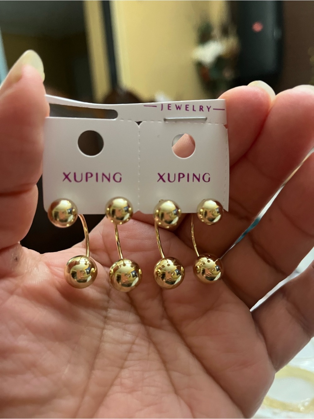 Ping Double Ball Drop Earrings in Gold Tone